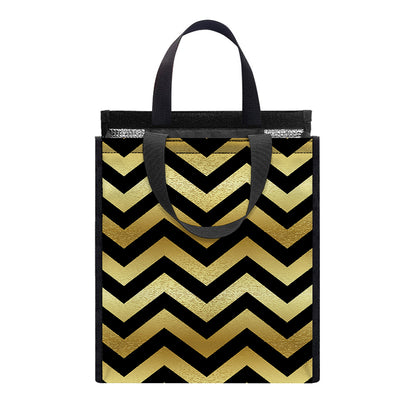 Gold And Black Chevron Pattern Print Insulated Lunch Tote