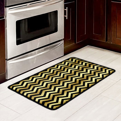 Gold And Black Chevron Pattern Print Kitchen Mat