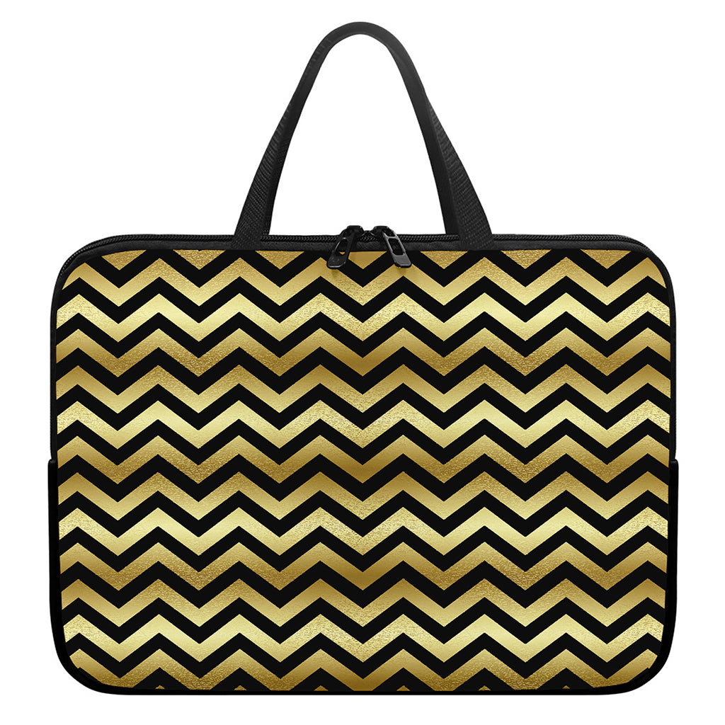 Gold And Black Chevron Pattern Print Laptop Sleeve With Handle