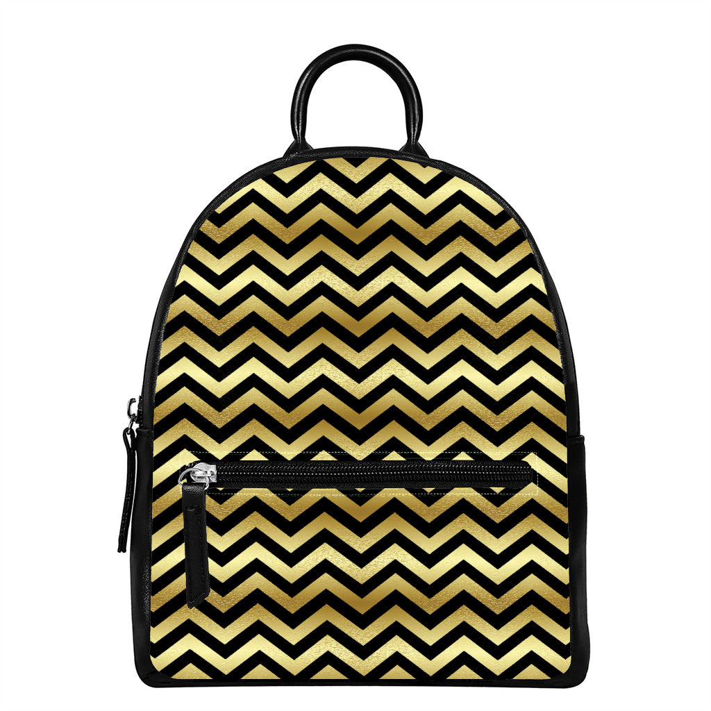 Gold And Black Chevron Pattern Print Leather Backpack