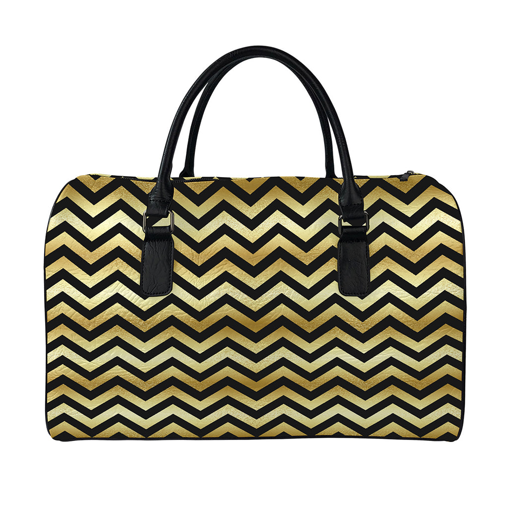Gold And Black Chevron Pattern Print Leather Duffle Bag