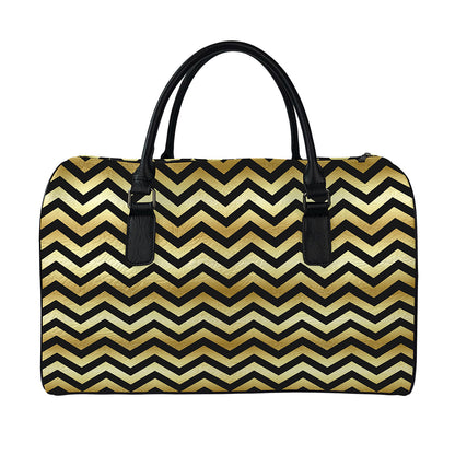 Gold And Black Chevron Pattern Print Leather Duffle Bag