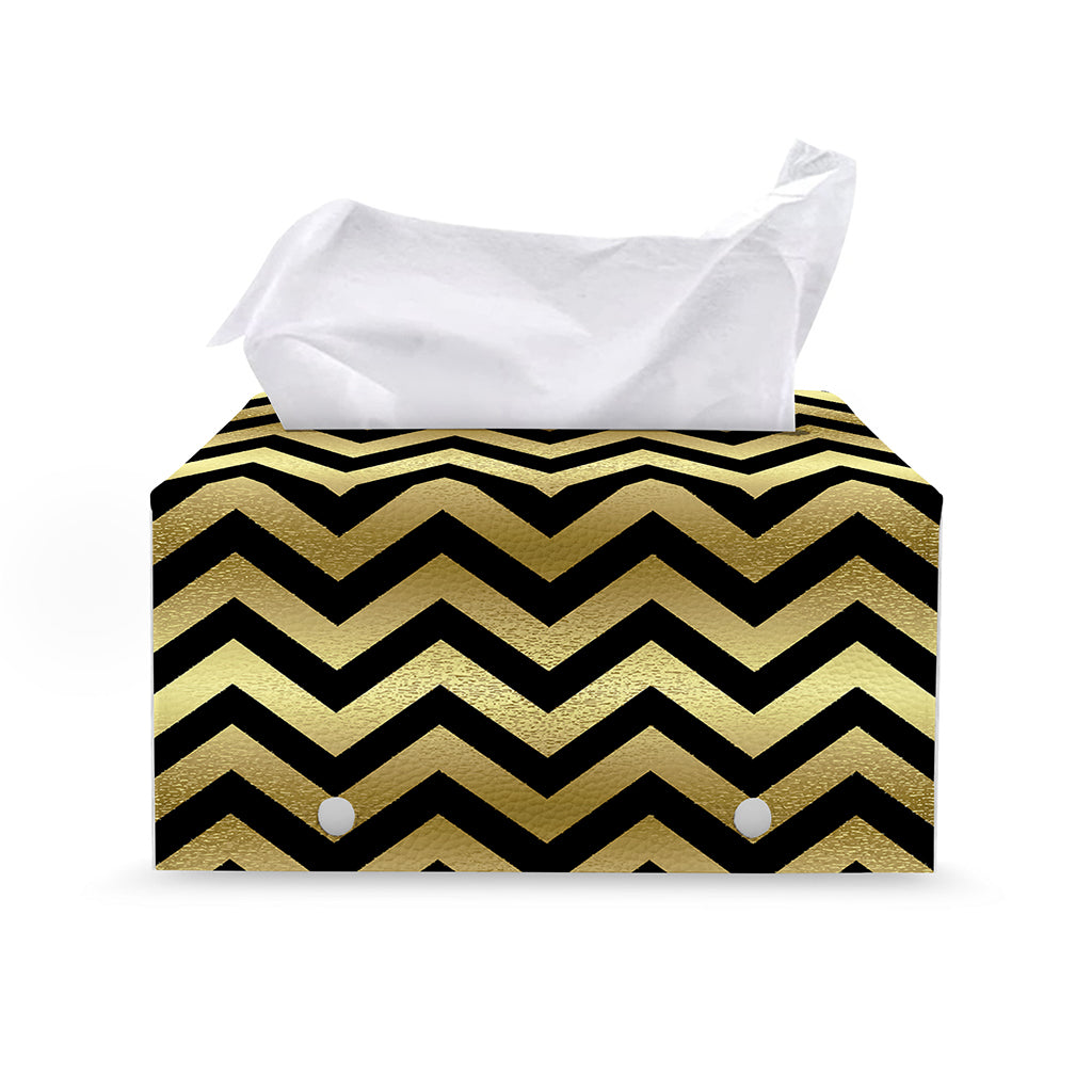 Gold And Black Chevron Pattern Print Leather Tissue Box Cover