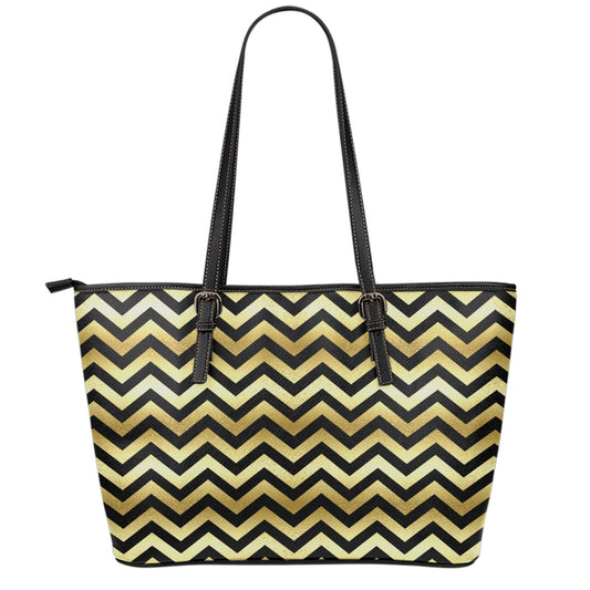Gold And Black Chevron Pattern Print Leather Tote Bag