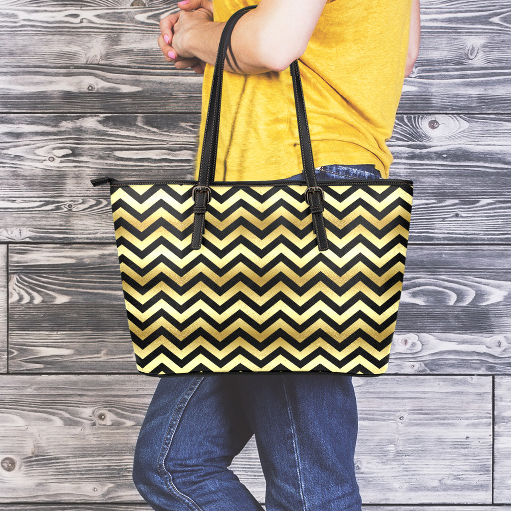 Gold And Black Chevron Pattern Print Leather Tote Bag