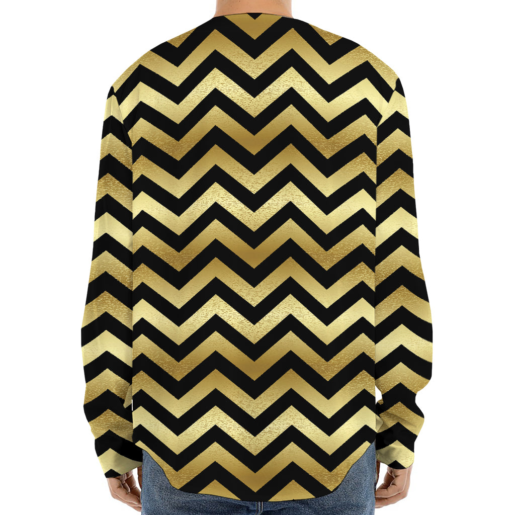 Gold And Black Chevron Pattern Print Long Sleeve Baseball Jersey