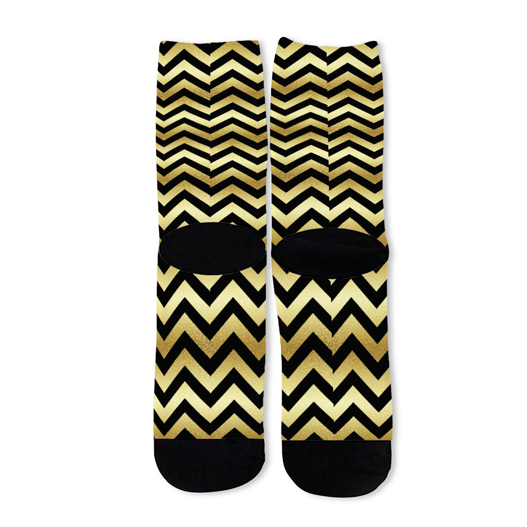 Gold And Black Chevron Pattern Print Long Socks