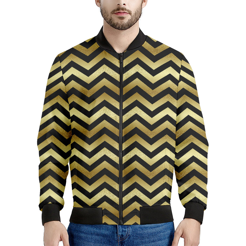 Gold And Black Chevron Pattern Print Men's Bomber Jacket