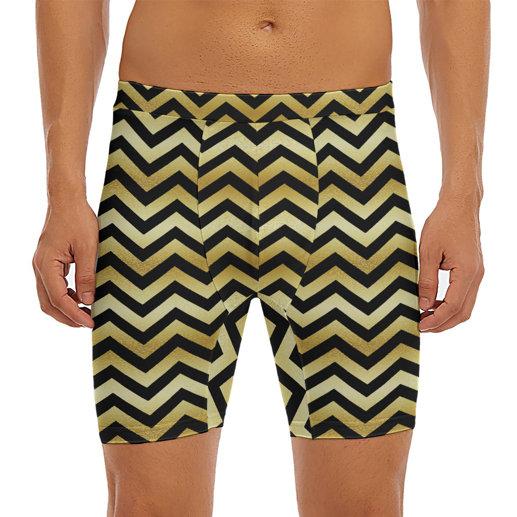 Gold And Black Chevron Pattern Print Men's Long Boxer Briefs