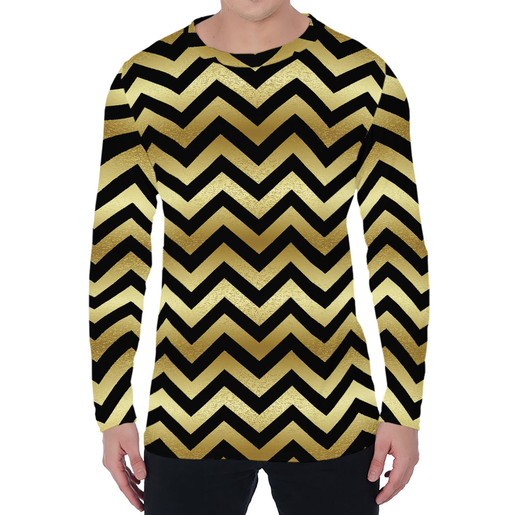 Gold And Black Chevron Pattern Print Men's Long Sleeve T-Shirt