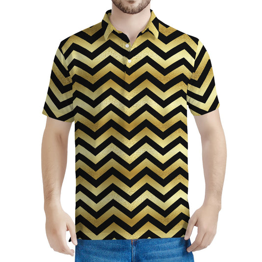 Gold And Black Chevron Pattern Print Men's Polo Shirt