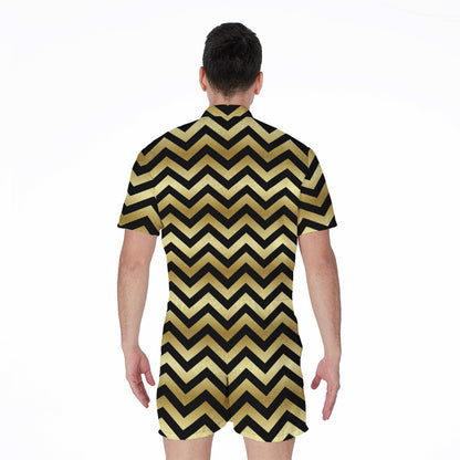 Gold And Black Chevron Pattern Print Men's Rompers