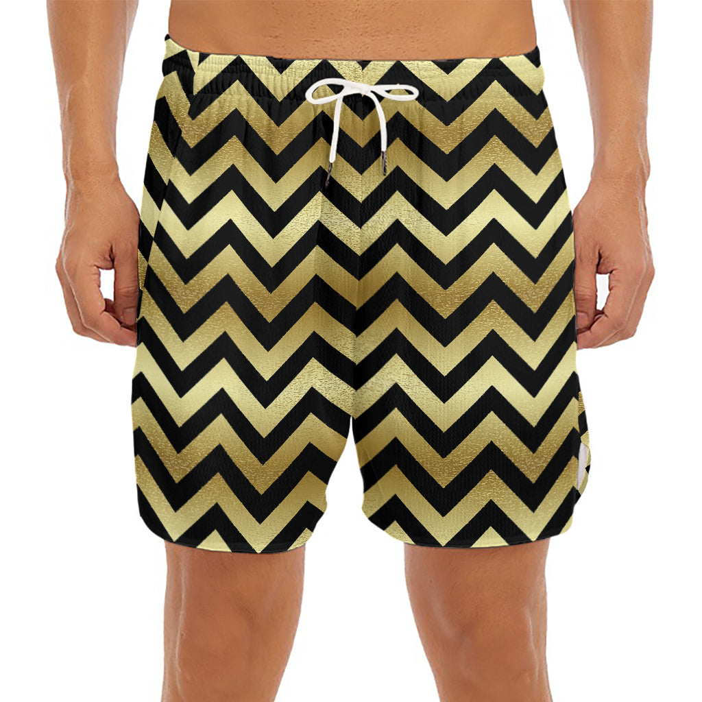 Gold And Black Chevron Pattern Print Men's Split Running Shorts