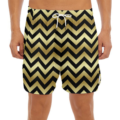 Gold And Black Chevron Pattern Print Men's Split Running Shorts