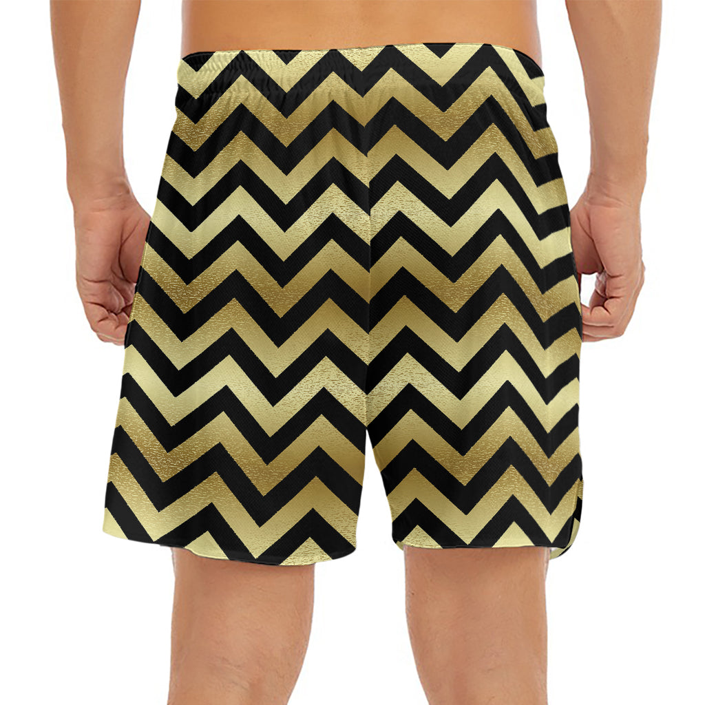 Gold And Black Chevron Pattern Print Men's Split Running Shorts