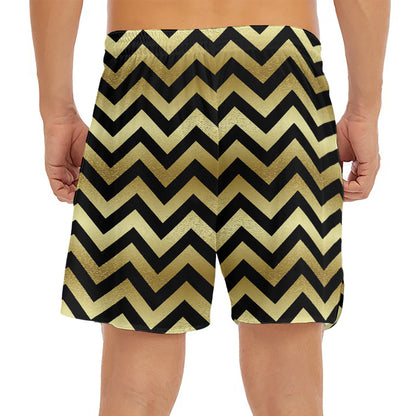 Gold And Black Chevron Pattern Print Men's Split Running Shorts