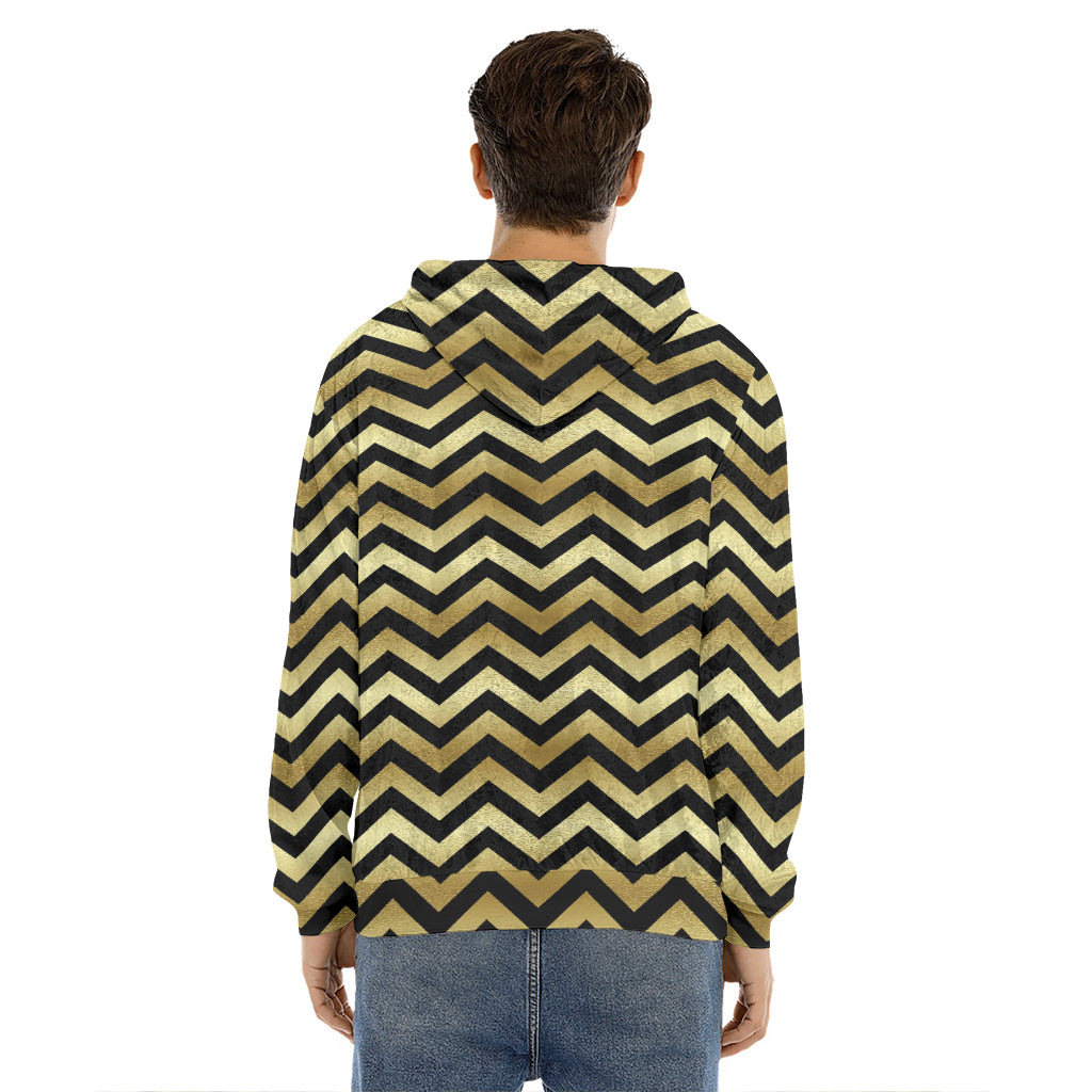 Gold And Black Chevron Pattern Print Men's Velvet Pullover Hoodie