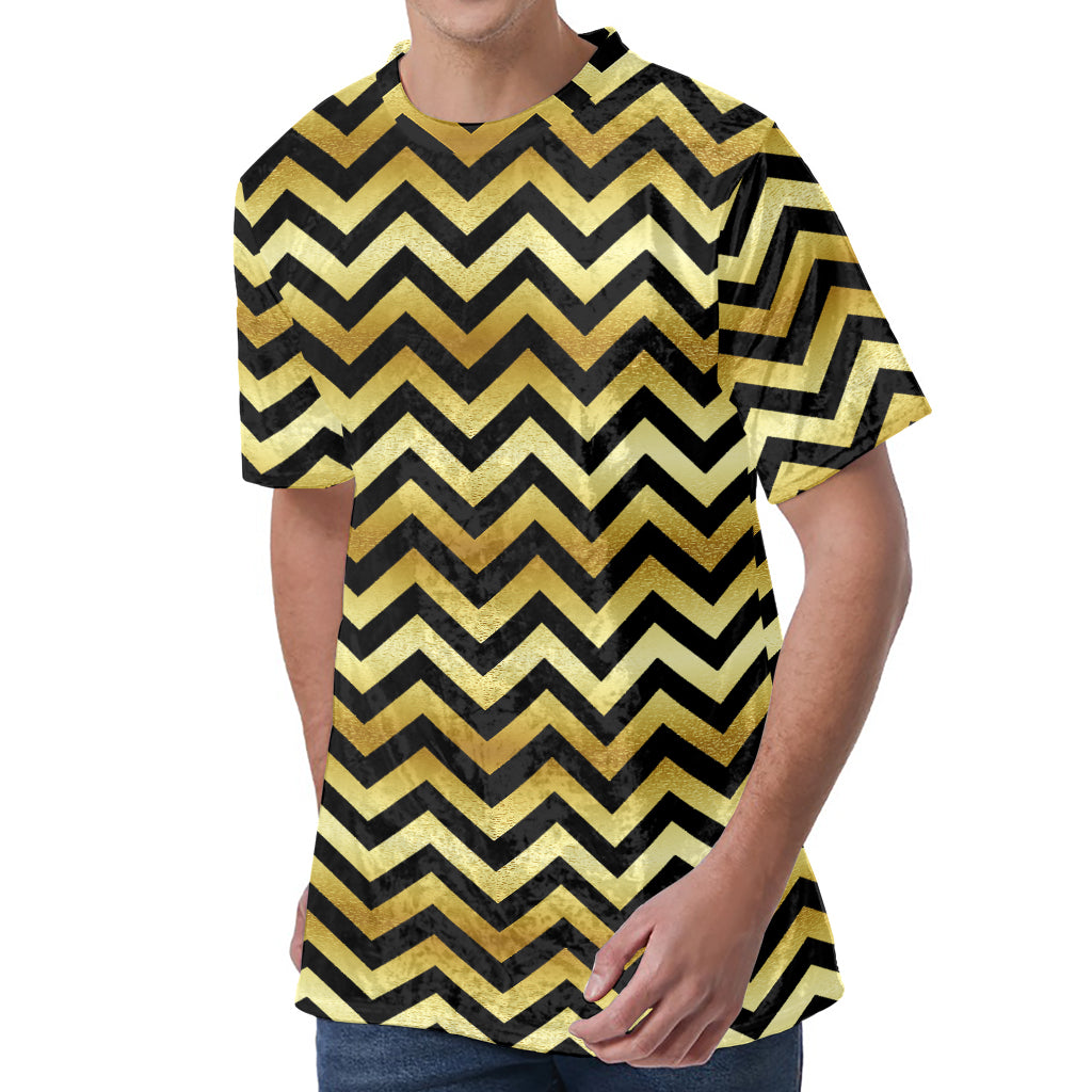 Gold And Black Chevron Pattern Print Men's Velvet T-Shirt