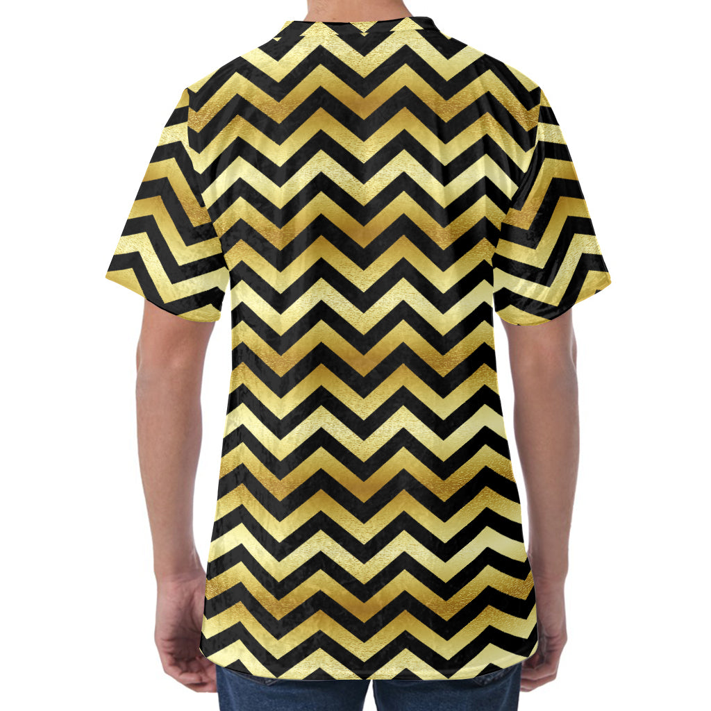 Gold And Black Chevron Pattern Print Men's Velvet T-Shirt