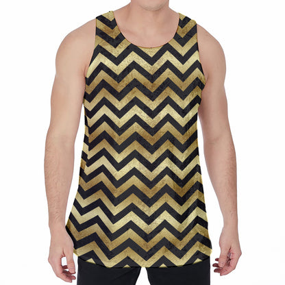 Gold And Black Chevron Pattern Print Men's Velvet Tank Top