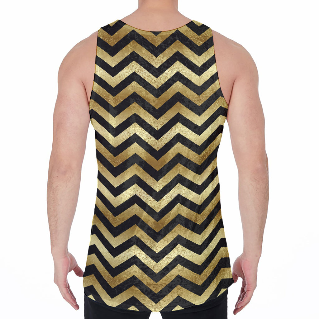 Gold And Black Chevron Pattern Print Men's Velvet Tank Top