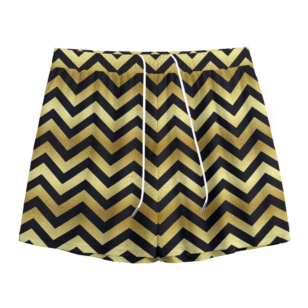 Gold And Black Chevron Pattern Print Mesh Shorts