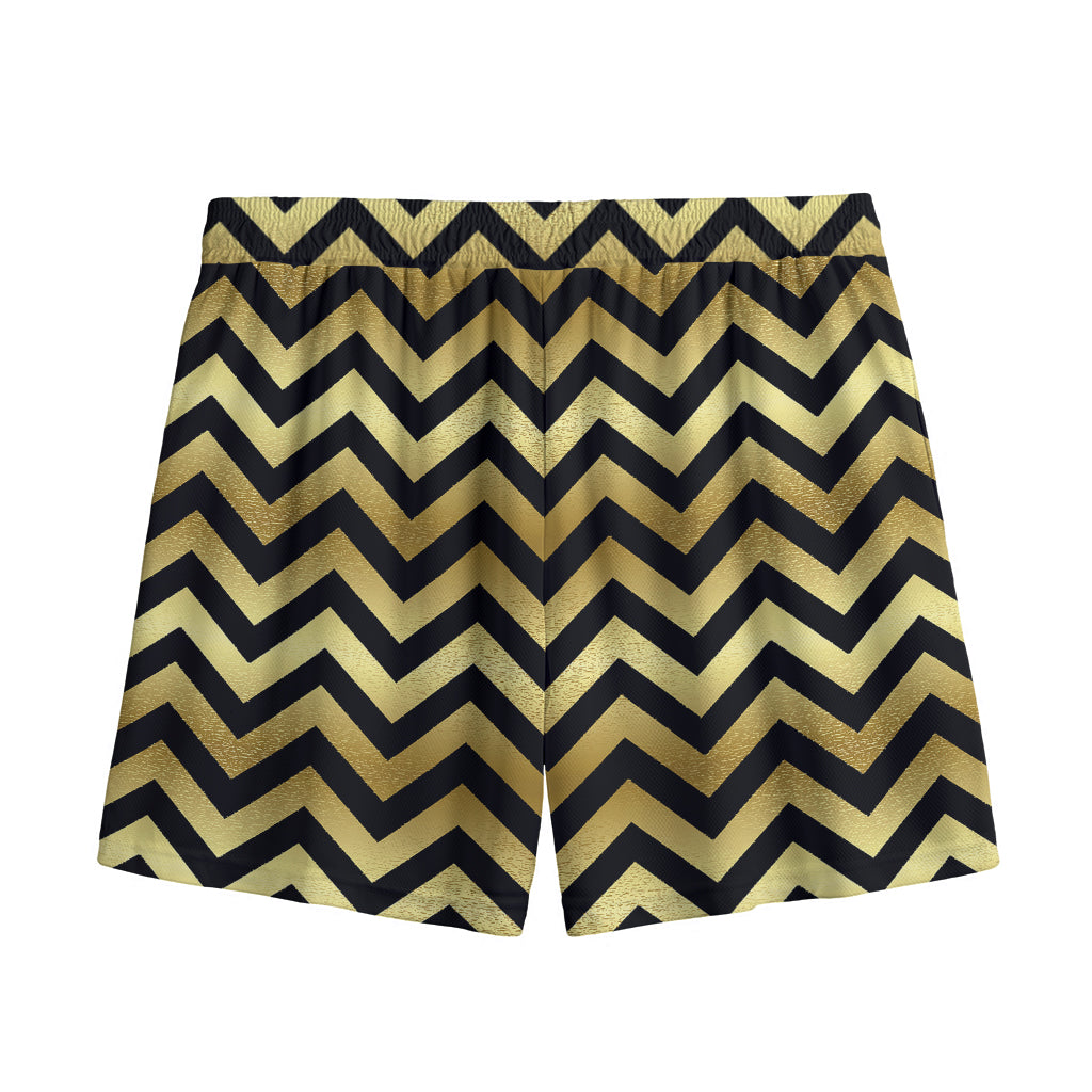 Gold And Black Chevron Pattern Print Mesh Shorts
