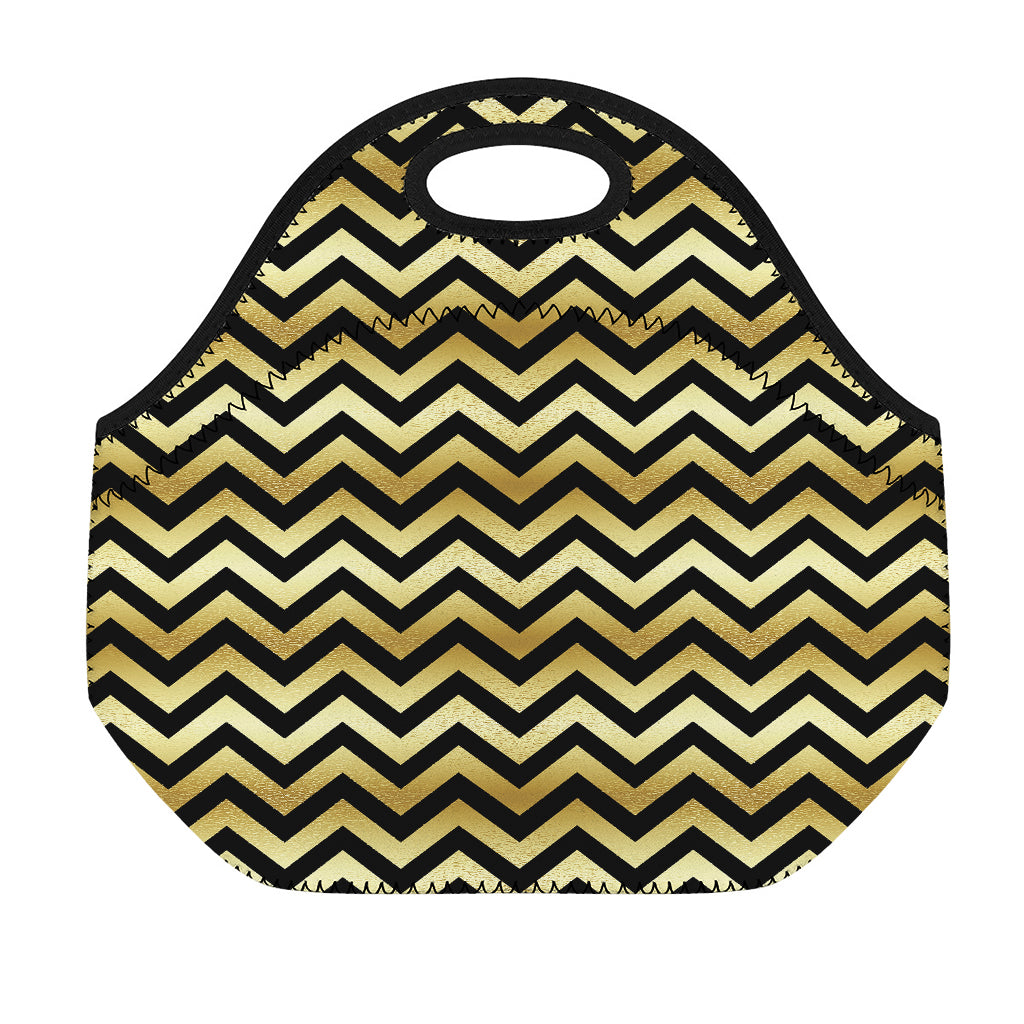 Gold And Black Chevron Pattern Print Neoprene Lunch Bag