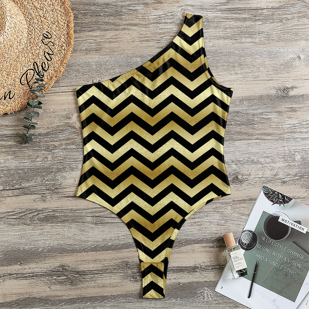 Gold And Black Chevron Pattern Print One Shoulder Bodysuit