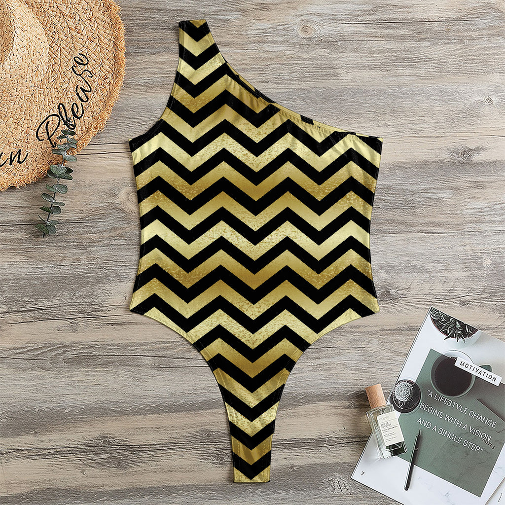 Gold And Black Chevron Pattern Print One Shoulder Bodysuit