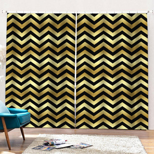 Gold And Black Chevron Pattern Print Pencil Pleat Curtains