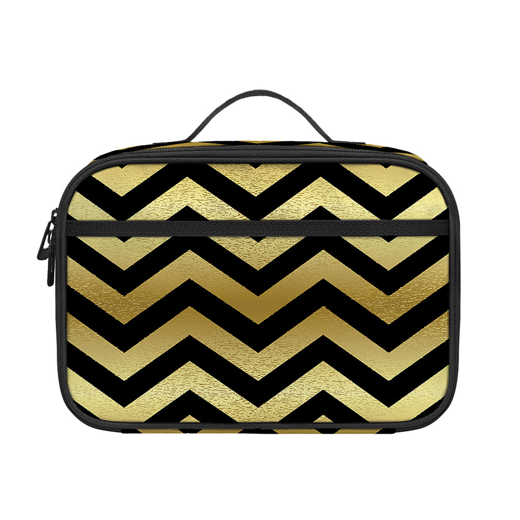 Gold And Black Chevron Pattern Print Portable Lunch Bag