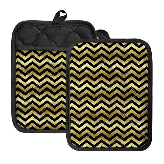 Gold And Black Chevron Pattern Print Pot Holders With Pocket