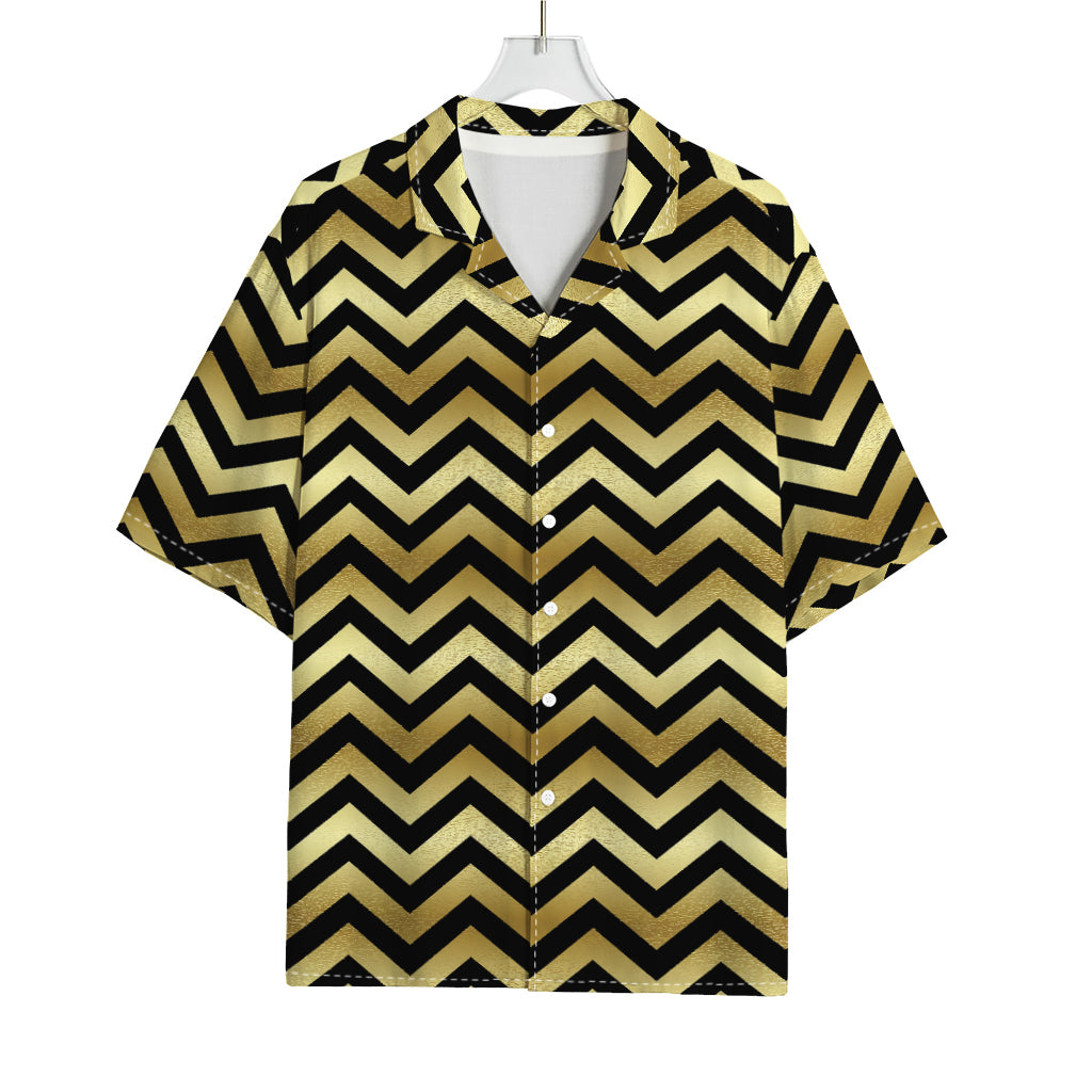 Gold And Black Chevron Pattern Print Rayon Hawaiian Shirt