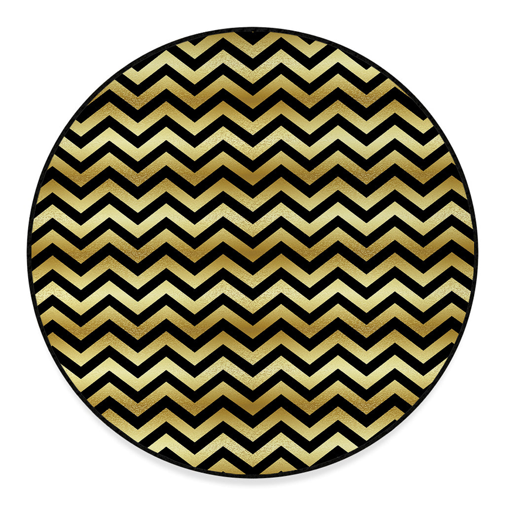 Gold And Black Chevron Pattern Print Round Floor Mat