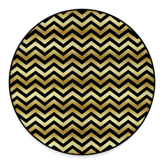 Gold And Black Chevron Pattern Print Round Floor Mat