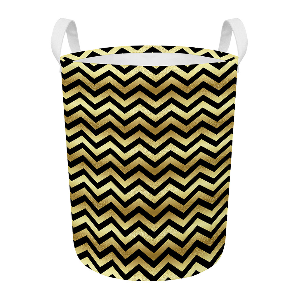 Gold And Black Chevron Pattern Print Round Laundry Basket