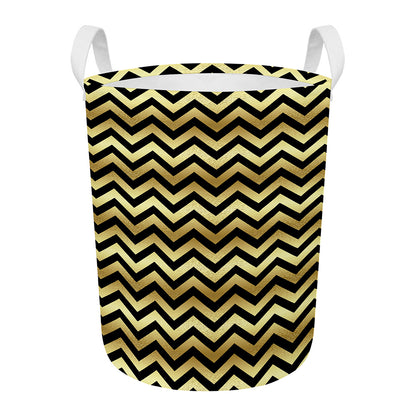 Gold And Black Chevron Pattern Print Round Laundry Basket