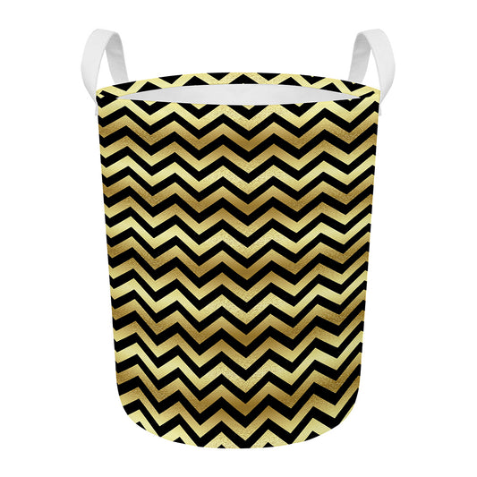 Gold And Black Chevron Pattern Print Round Laundry Basket