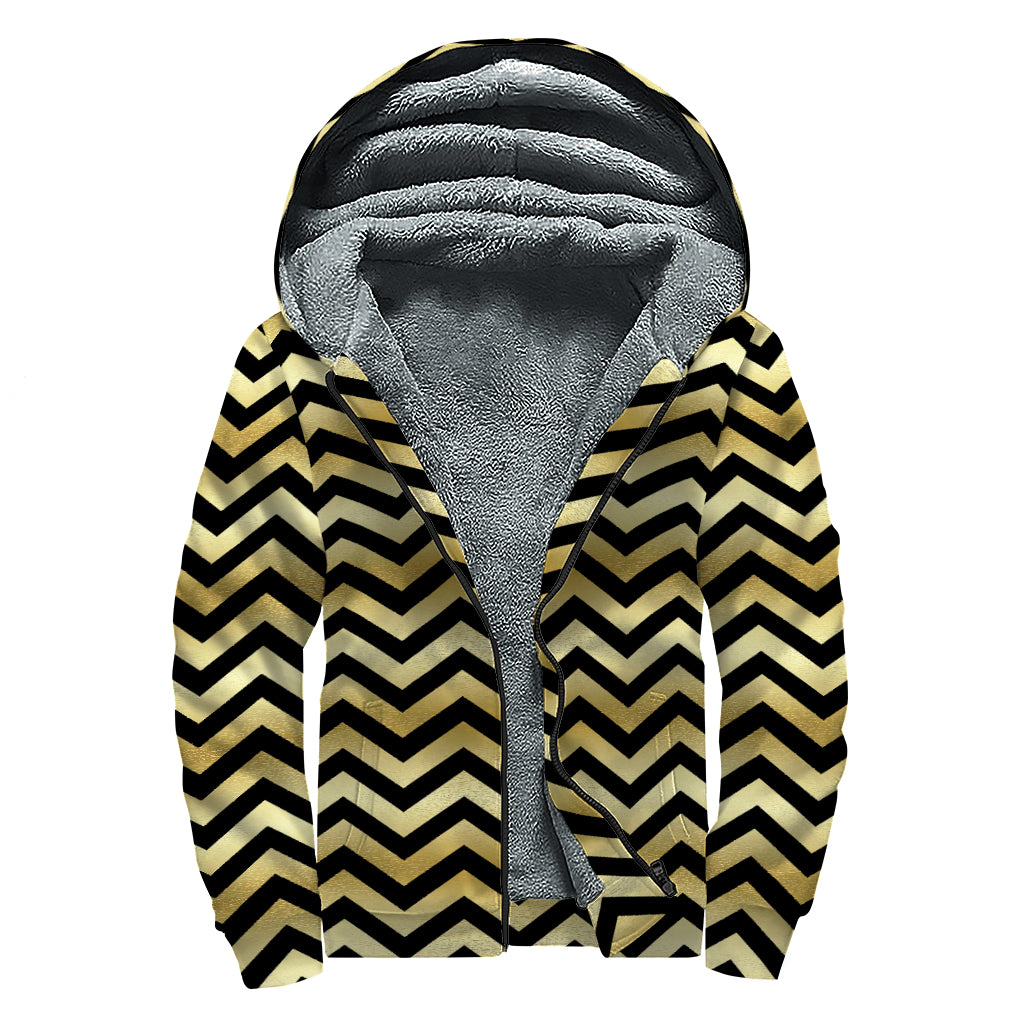 Gold And Black Chevron Pattern Print Sherpa Lined Zip Up Hoodie
