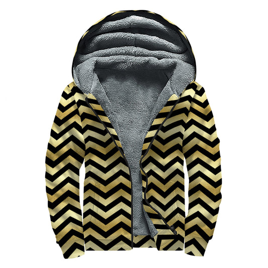 Gold And Black Chevron Pattern Print Sherpa Lined Zip Up Hoodie