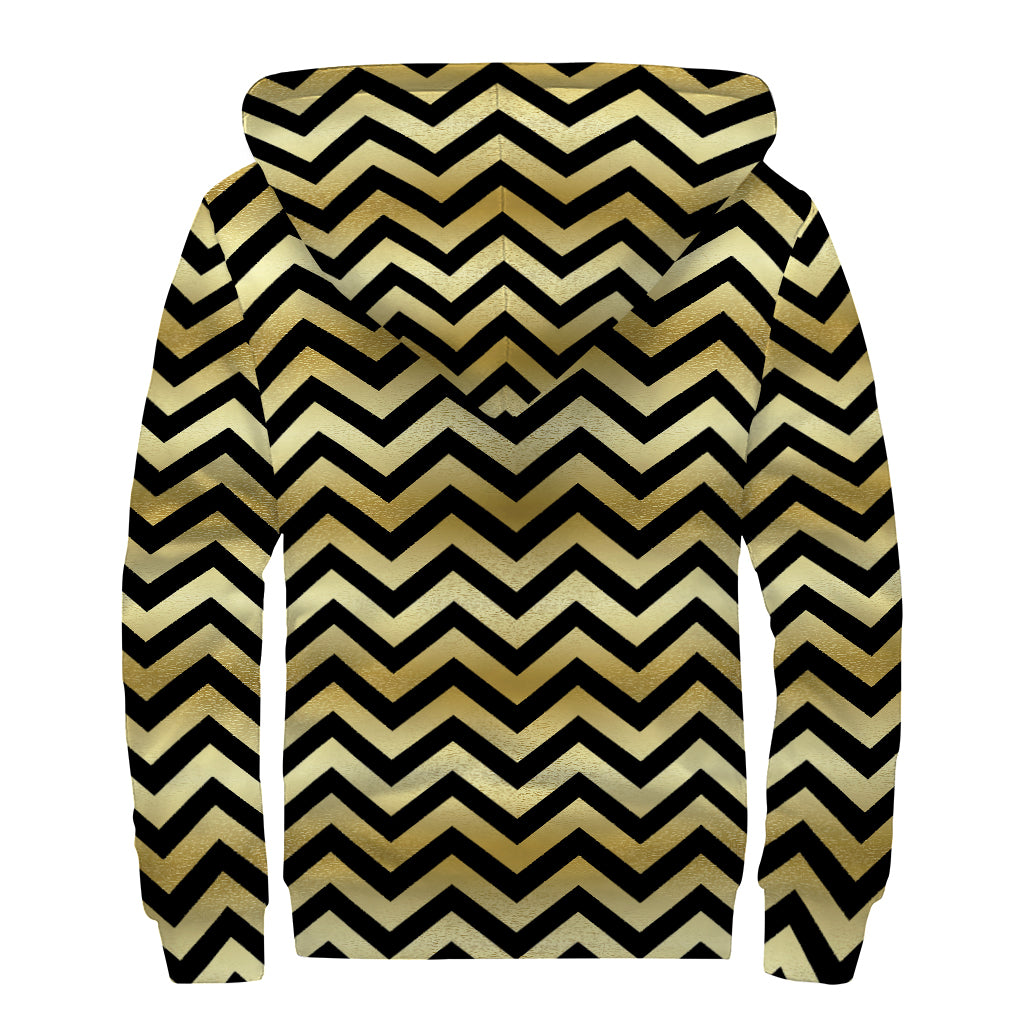 Gold And Black Chevron Pattern Print Sherpa Lined Zip Up Hoodie