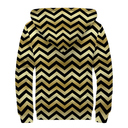 Gold And Black Chevron Pattern Print Sherpa Lined Zip Up Hoodie