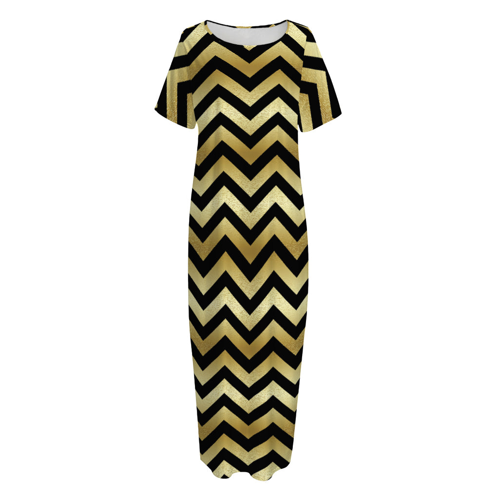 Gold And Black Chevron Pattern Print Short Sleeve Long Nightdress