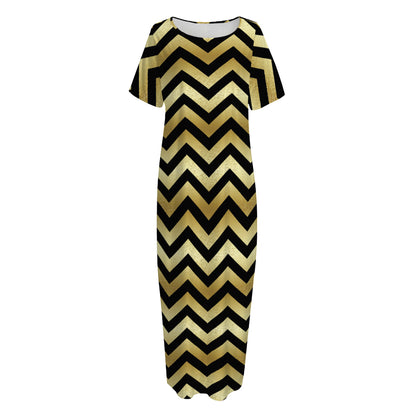 Gold And Black Chevron Pattern Print Short Sleeve Long Nightdress