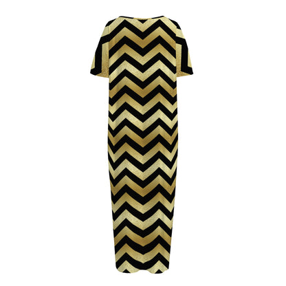 Gold And Black Chevron Pattern Print Short Sleeve Long Nightdress