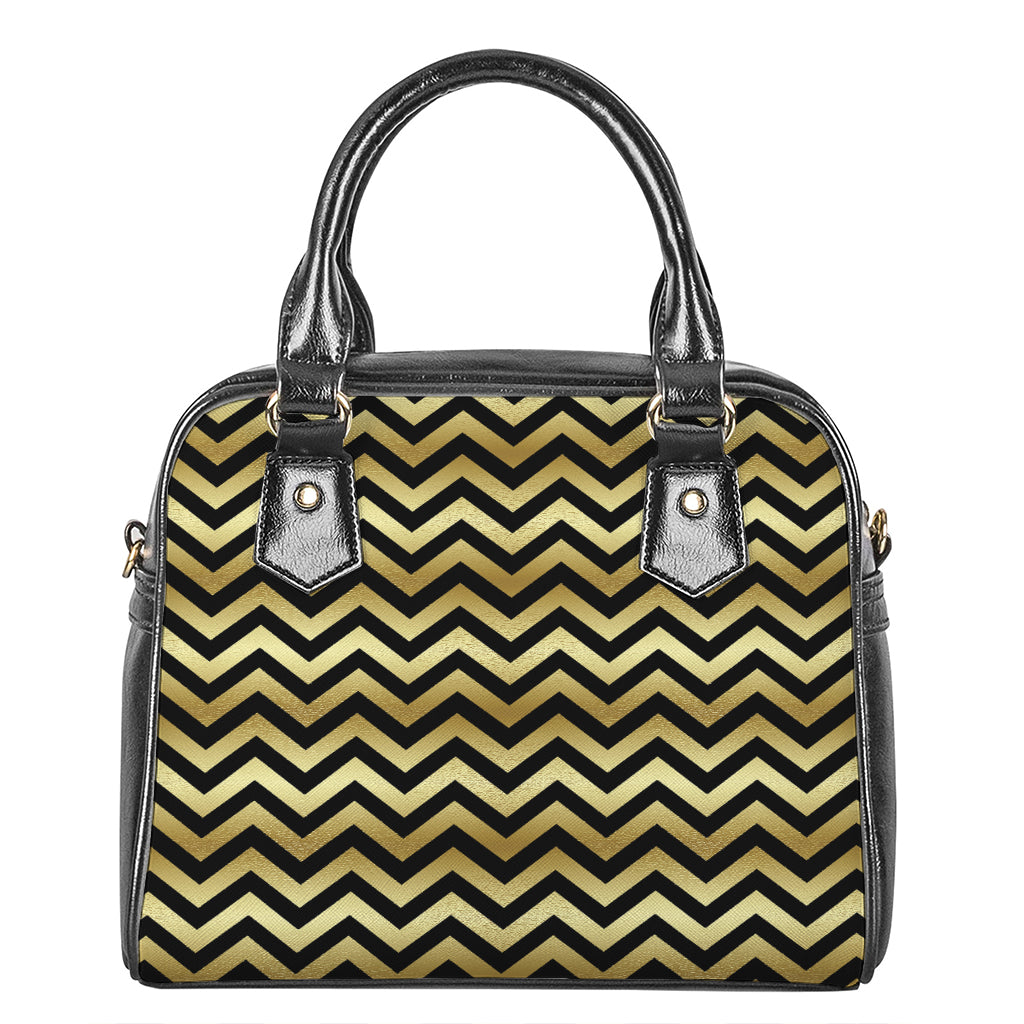 Gold And Black Chevron Pattern Print Shoulder Handbag