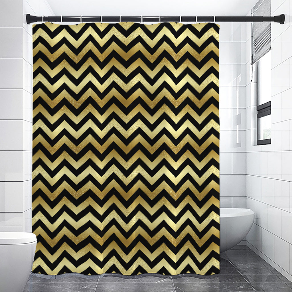 Gold And Black Chevron Pattern Print Shower Curtain
