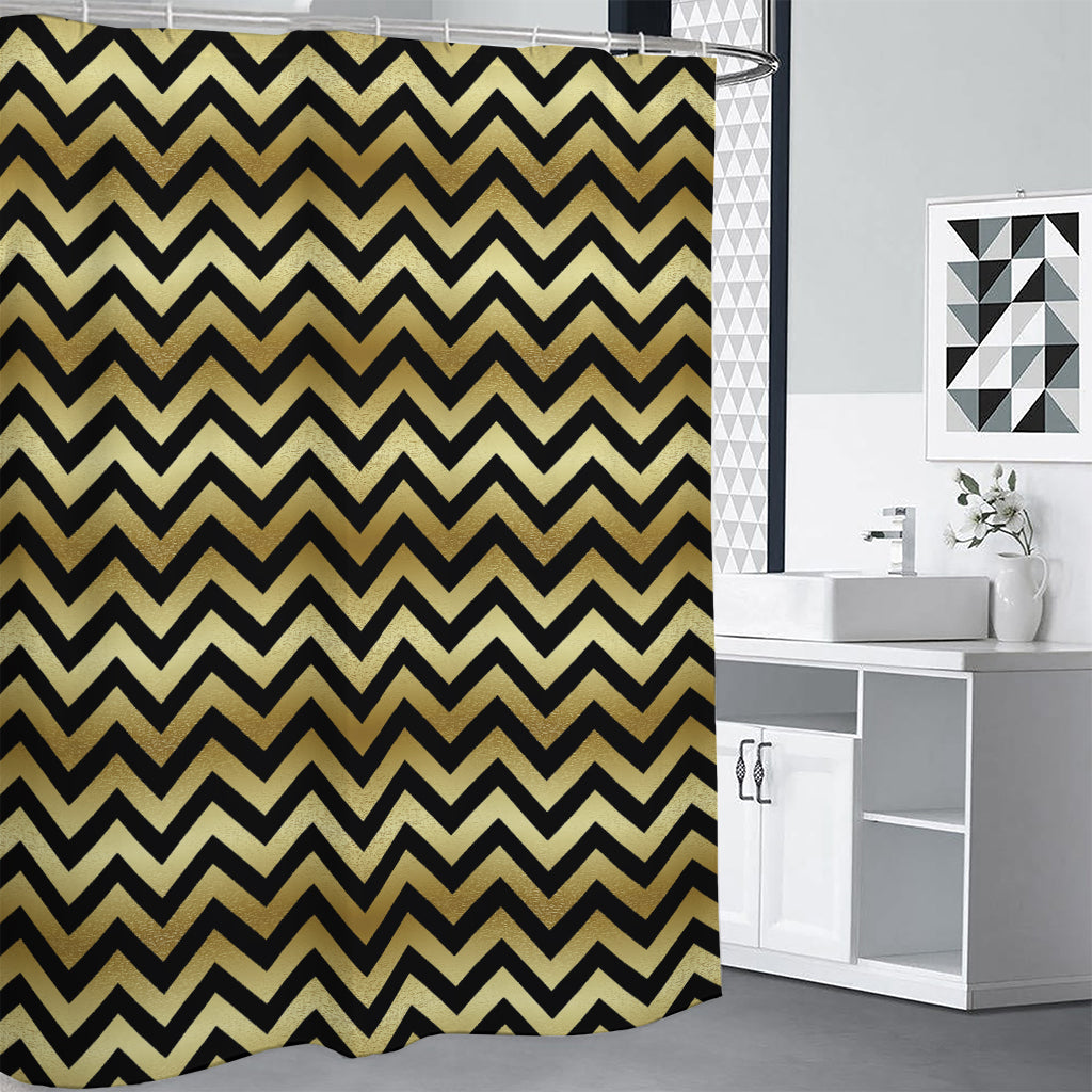 Gold And Black Chevron Pattern Print Shower Curtain