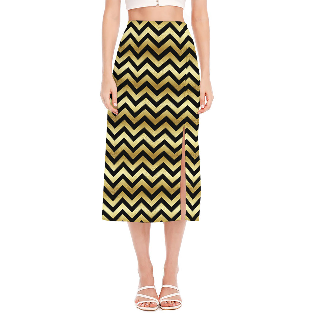 Gold And Black Chevron Pattern Print Side Slit Midi Skirt